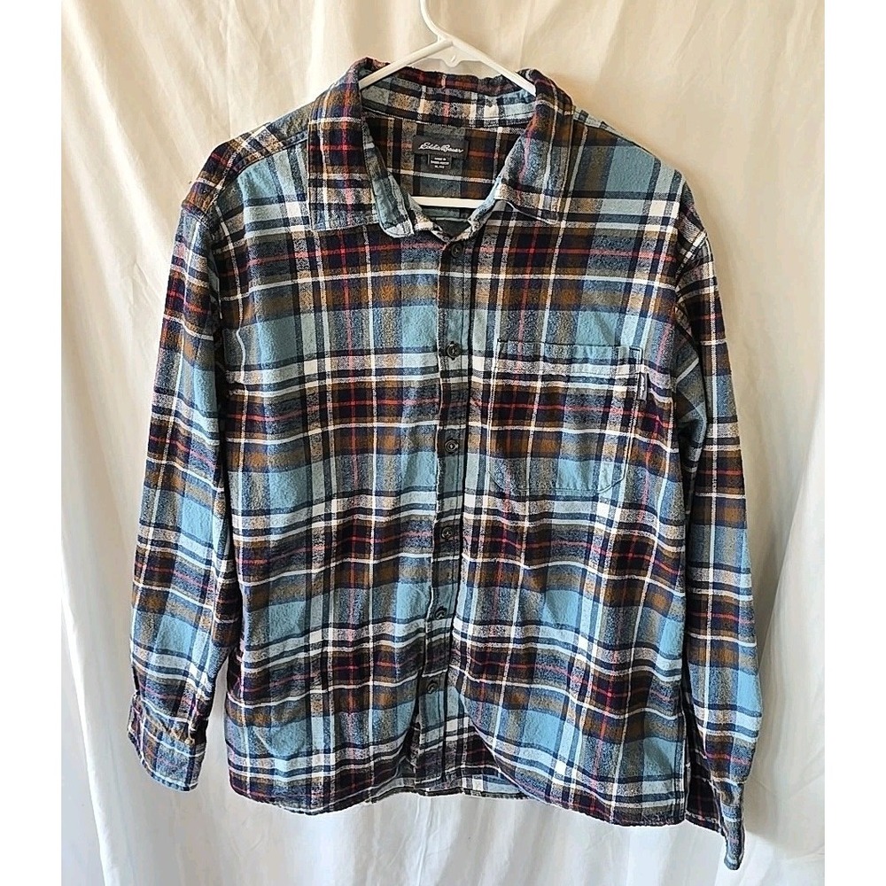 Eddie Bauer Men's Sz XL Plaid Flannel Button Up Long Sleeve Shirt Red Blue Brown